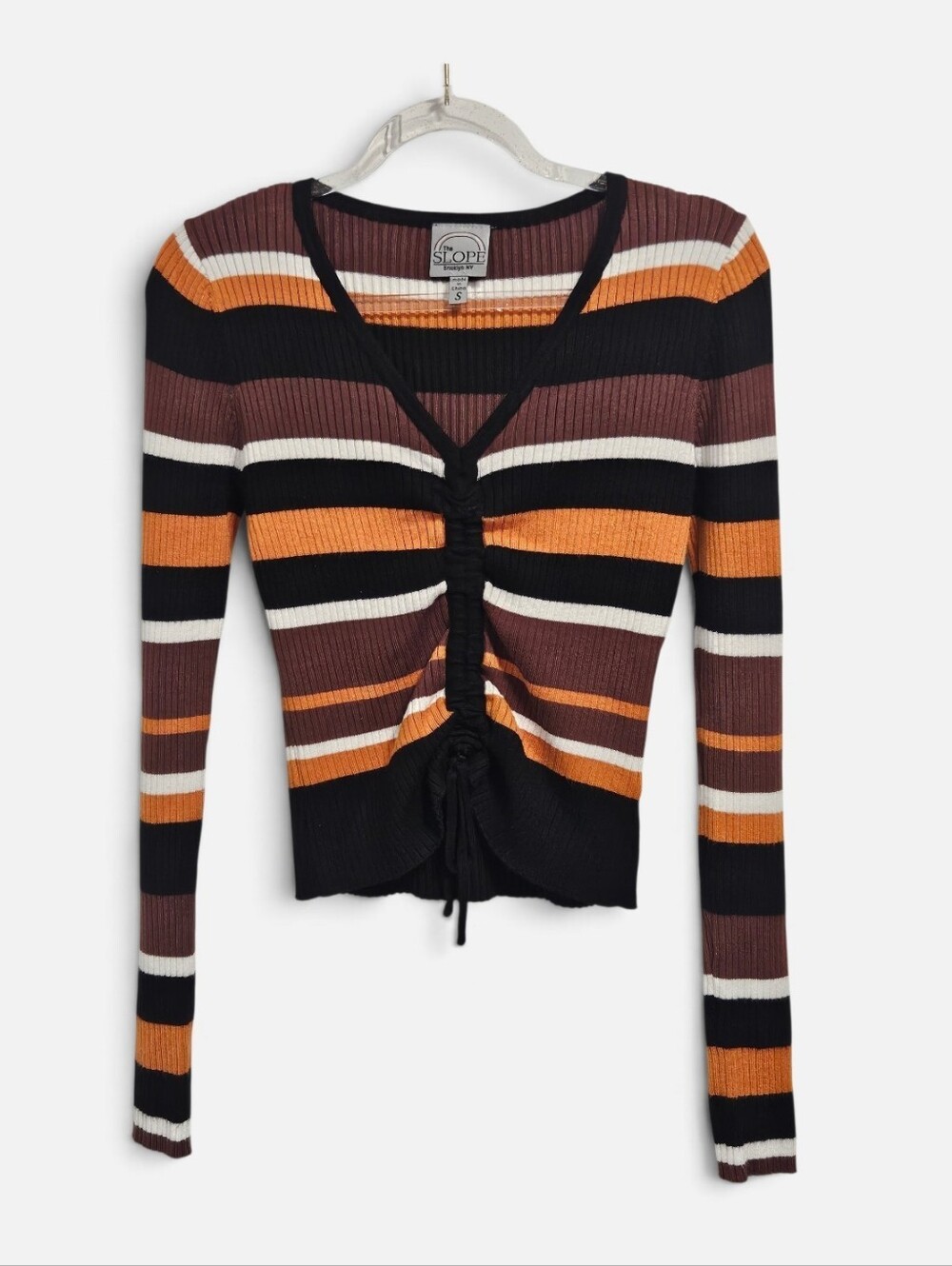 The Slope Brooklyn NY 70's Ribbed Indie Striped Sweater Vneck Ruched Size Small